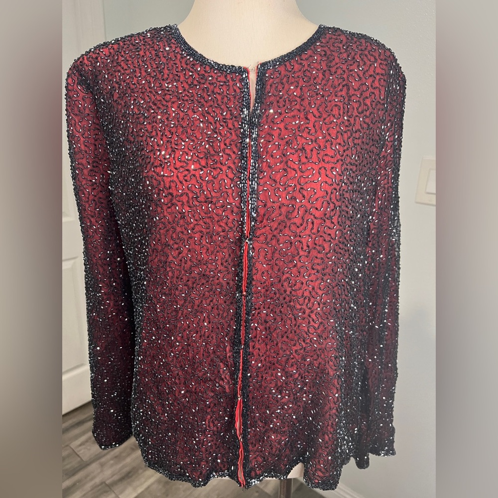 Vintage Laurence Kazar 80s 90s Sequin Silk Beaded Gatsby Evening Blazer Jacket - Picture 10 of 11